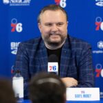 Feb 15, 2022; Camden, NJ, USA; Philadelphia 76ers president of basketball operations Daryl Morey speaks with the media at Philadelphia 76ers Training Complex. Mandatory Credit: Bill Streicher-USA TODAY Sports