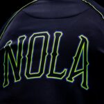 Detailed view of the City Edition logo for the New Orleans Pelicans against the Oklahoma City Thunder during the second half of game four of the first round for the 2024 NBA playoffs at Smoothie King Center.