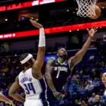 Mar 13, 2025; New Orleans, Louisiana, USA; New Orleans Pelicans forward Zion Williamson (1) drives to the basket against Orlando Magic center Wendell Carter Jr. (34) during the second half at Smoothie King Center. Mandatory Credit: Stephen Lew-Imagn Images